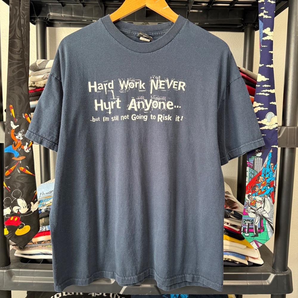 Hybrid Tees T-Shirt Hard Work Never Hurt Anyone Graphic XL Navy Blue